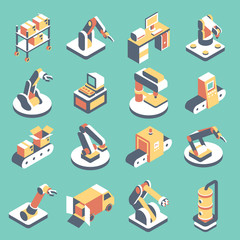 Automated production line vector flat isometric icon set