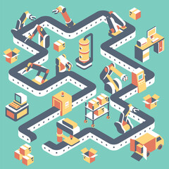 Factory automated production line vector flat isometric illustration