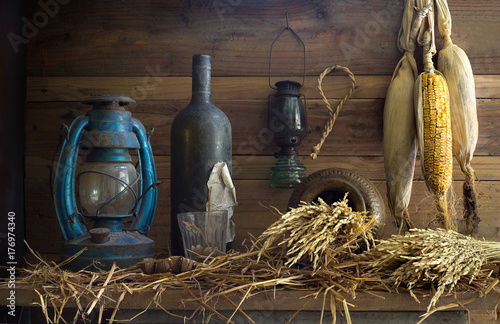 Still Life Image Of Lanterns And Other Things On The Wooden Plank