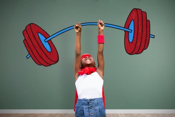 Poster - Composite image of smiling girl in red cape with arm raised