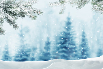 Wall Mural - Merry christmas and happy new year greeting background with copy-space.Winter landscape with snow and christmas trees