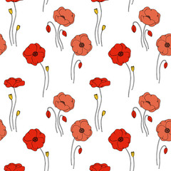 Wall Mural - color vector simple  illustration of decorative poppy flower pattern on white background