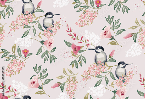 Photographie Vector illustration of a seamless floral pattern with cute birds in spring for Wedding, anniversary, birthday and party