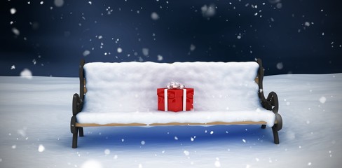 Poster - Composite image of digital image of gift box on park bench