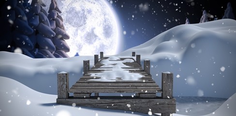Poster - Composite image of wooden bridge on snow covered mountain