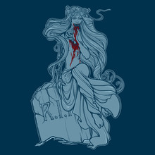 Dead Bride. Zombie Girl With A Sewn Up Mouth, Blood Stained Hands And Dress Sitting On A Toumbstone. Monochrome Linear Drawing Isolated On Blue Background. EPS10 Vector Illustration