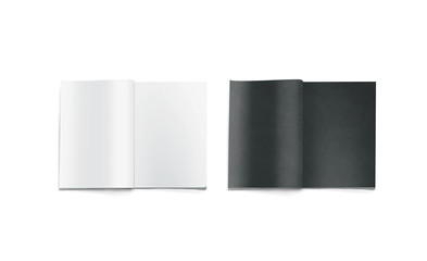 Opened black and white blank magazine pages mockup, isolated. Journal mock up lying on desk. Catalog spread template. Empty notebook booklet design inside. Clear book center presentation.