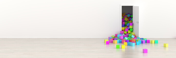 Wall Mural - Infinite colored cubes getting out of a door, original 3d rendering