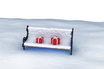 Poster - Digitally generated image of gift boxes on snow covered chair