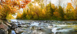 canvas print picture - Idylle Panorama im Wald im Herbst am Wasser - Farbe im Wald am Fluss