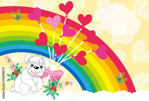 可愛い犬と虹とハートの風船のイラストのグリーティングカード Stock Illustration Adobe Stock