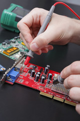 Poster - Electronic circuit red board inspecting close up