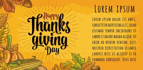 Poster with Happy Thanksgiving day calligraphy lettering. Vector engraving