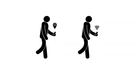 Wall Mural - Pictogram man walking cycle with smartphone in hand. Two options - with GPS and Wi-fi  signal. Looped seamless animation with alpha mask