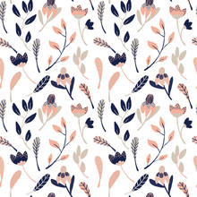 Colorful Hand Drawn Wild Flowers Seamless Pattern Background, In Pink And Blue Theme
