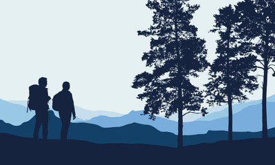 Wall Mural - Vector illustration of a mountain landscape with trees and a human being photographed under a blue-gray sky