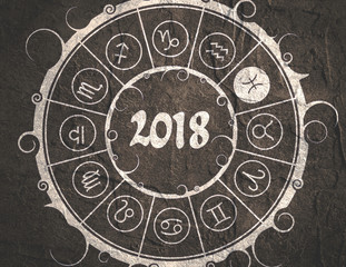 Wall Mural - Astrological symbols in the circle. Pisces sign. New Year and Christmas celebration card template. Zodiac circle with 2018 new year number. Grunge concrete wall texture
