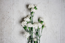 White Carnation Flower On Wood Grain Floor Ground Surface