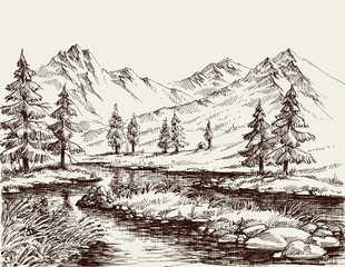 Wall Mural - A river in the mountains sketch