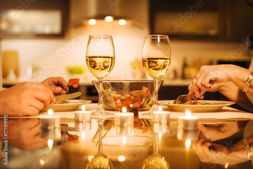 Cuadros en Lienzo Young couple have romantic dinner with wine. Romantic concept .