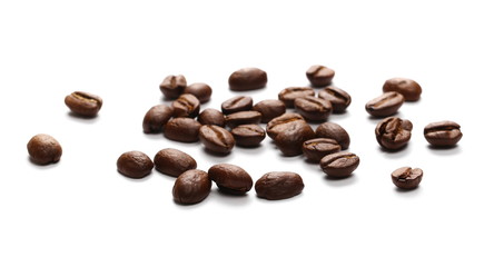 Pile coffee beans isolated on white background and texture, top view
