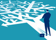 Decision. A businessman looks at arrows pointing to many directions. Concept business vector illustration