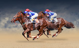 Four racing horses neck to neck in fierce competition for the finish line