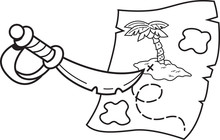 Black And White Illustration Of A Sword Pointing At A Treasure Map.