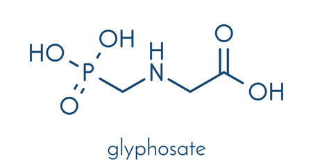 Sticker - Glyphosate herbicide molecule. Crops resistant to glyphosate (genetically modified organisms, GMO) have been produced by genetic engineering. Skeletal formula.