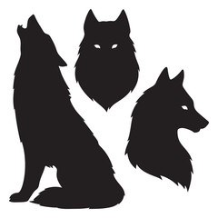 Wall Mural - Set of wolf silhouettes isolated. Sticker, print or tattoo design vector illustration. Pagan totem, wiccan familiar spirit art