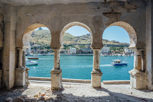 View To Balaklava Bay Through Arched Balcony In Oriental Style. Abandoned Mansion On Black Sea Coast
