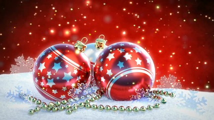 Wall Mural - red and silver christmas balls on snow with glitter bokeh background. Seamless loop. 3D render