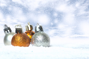 Wall Mural - Christmas ball, silver color and gold color on the snow