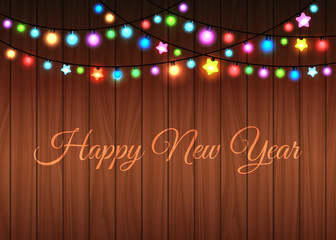 Wall Mural - glowing garland on the wood background, vector illustration