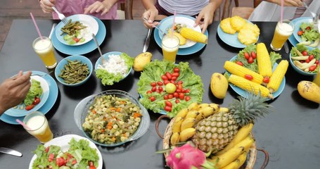 Sticker - People Group Eating Healthy Vegetarian Food Top Angle View, Friends Talking Communication Sitting At Table Slow Motion 60