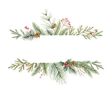 Watercolor Vector Christmas Banner With Fir Branches And Place For Text.