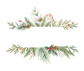 watercolor vector christmas banner with fir branches and place for text.