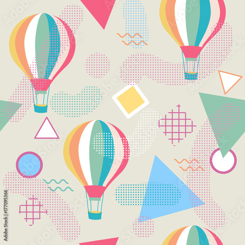 Pinturas sobre lienzo Memphis style seamless pattern with hot air balloon