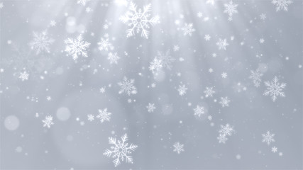 Wall Mural - christmas background (white theme) with snowflakes, shiny lights and particles bokeh in stylish and 