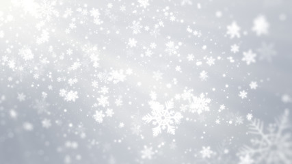 Wall Mural - white bokeh, snowflakes and shiny lights on white background with christmas theme.