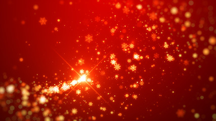 Wall Mural - gold sparkling snowflakes and star magic christmas background, red theme.