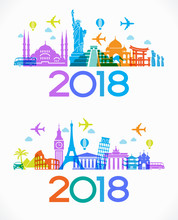 Travel And Happy New Year 2018 Design Background With Icons And Tourism Landmarks.