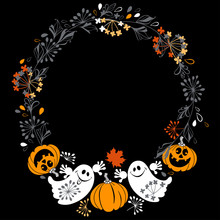  Halloween Background With Funny Ghosts And Pumpkins. Round Vector Illustration With Place For Text On Black Background. Can Be Greeting Card, Invitation Or Design Element.