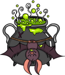 Canvas Print - Happy bat hanging halloween cauldron