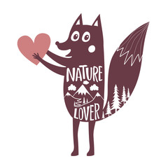 Wall Mural - Vector illustration with fox holding heart and mountains landscape inside. lettering quote - Nature Lover.