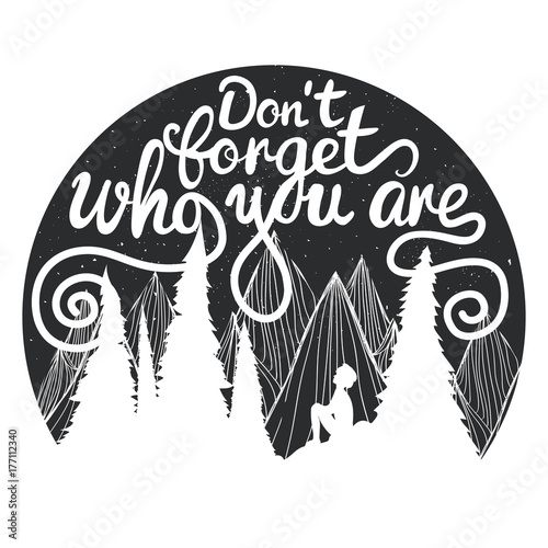 Fotografía Vector illustration with mountains, sitting boy looking at the sky, pine trees and inspirational text - Don't forget who you are