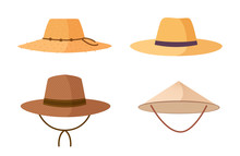 Collection Of Gardener, Farmer Or Agricultural Worker Straw Hats Isolated On White Background. Headdresses, Head Accessories Of Different Types And Styles. Colorful Cartoon Vector Illustration.