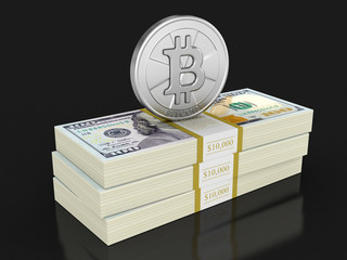 Poster - Pile of Dollars and Bitcoin. Image with clipping path