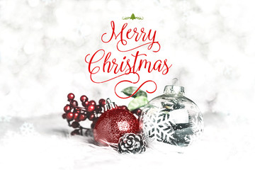 Aufkleber - red merry christmas over snowflake decoration ball on white fur at silver bokeh light background,hol