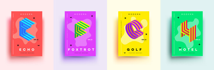 Modern Typographic Colorful Covers. Isometric Letters E, F, G, H With Abstract Memphis Design Background. Vector Trendy Template For Your Posters, Banners, Presentations, Layouts